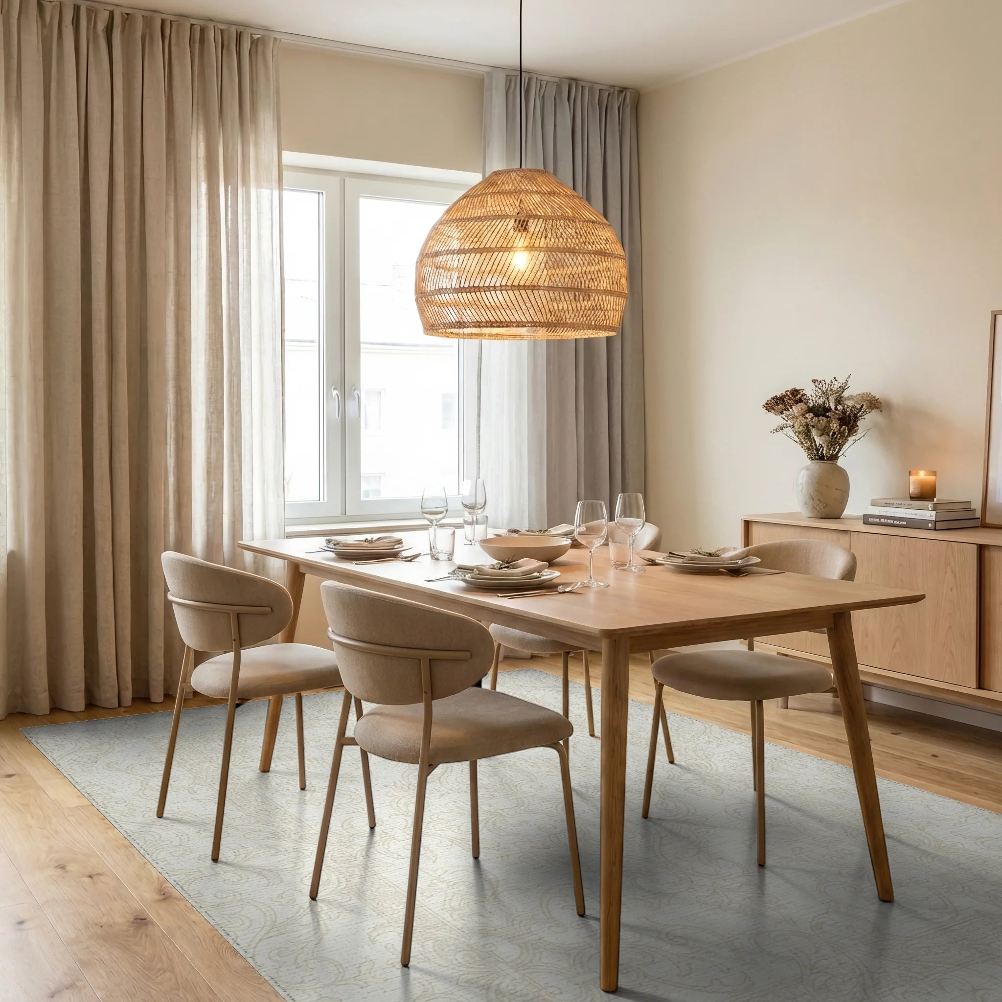 Cream Antique Scrollwork Medina Rug Dining Room View