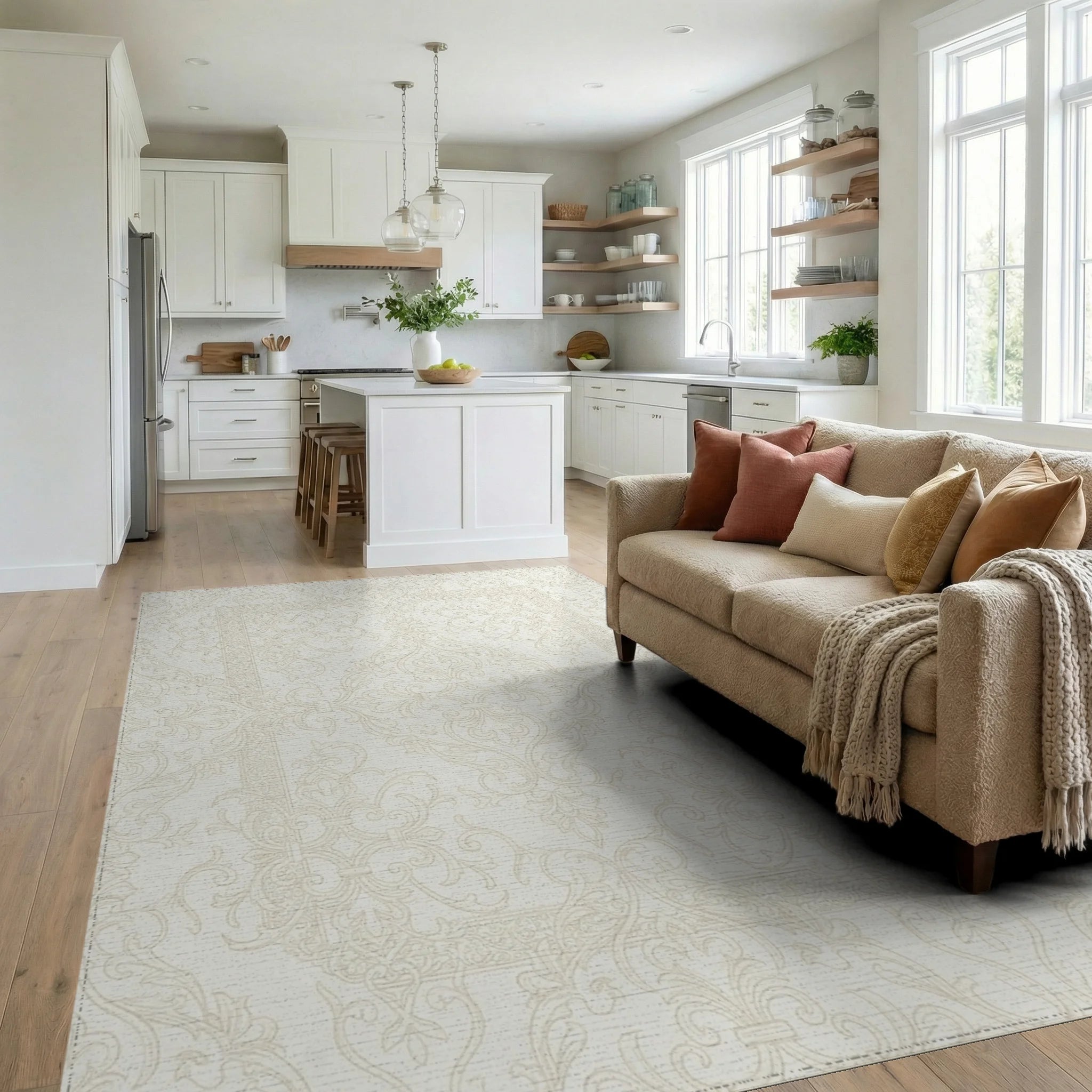 Cream Antique Scrollwork Medina Rug Living Room View