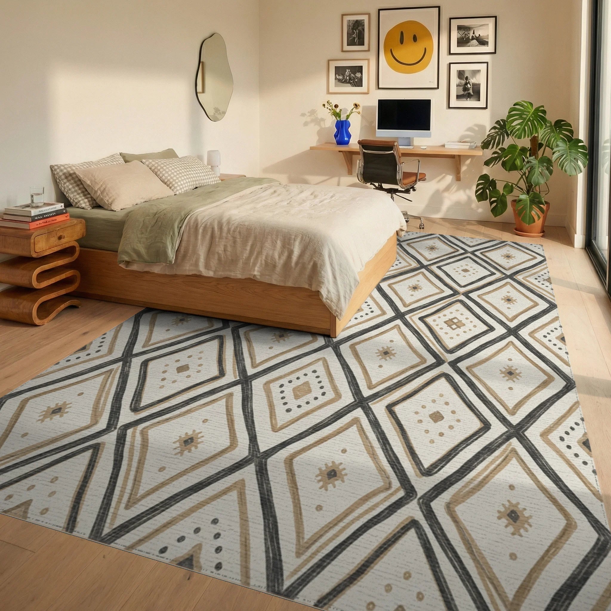 Cream Beige Diamond Tribal Rug Bedroom View