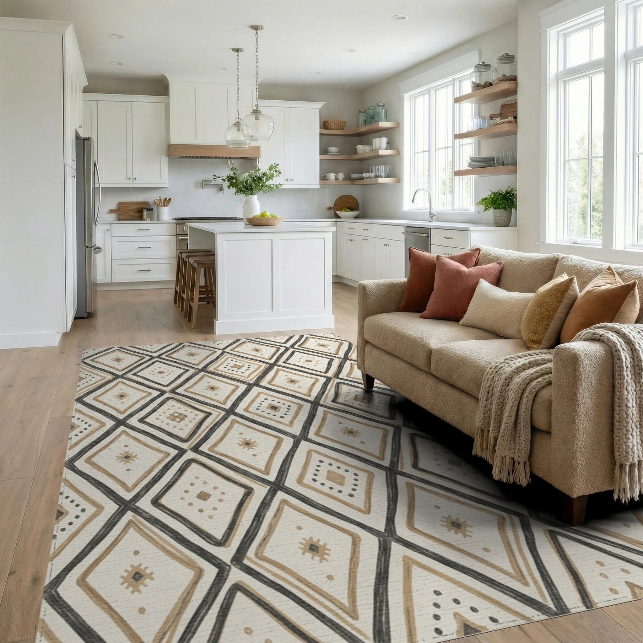 Cream Beige Diamond Tribal Rug Living Room View