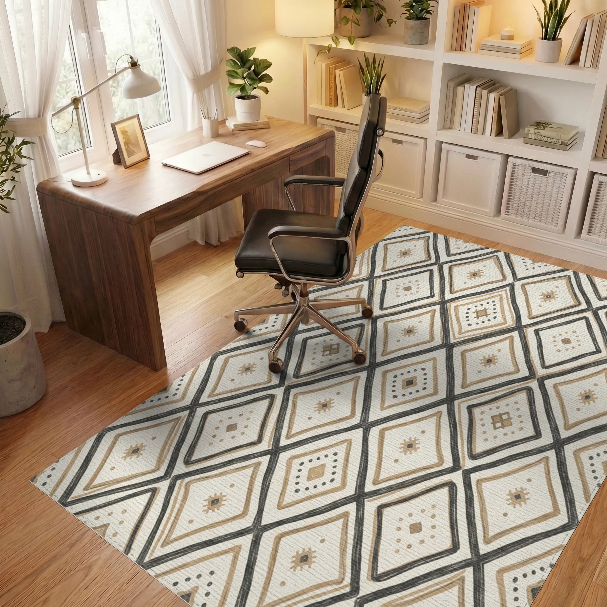Cream Beige Diamond Tribal Rug Office View