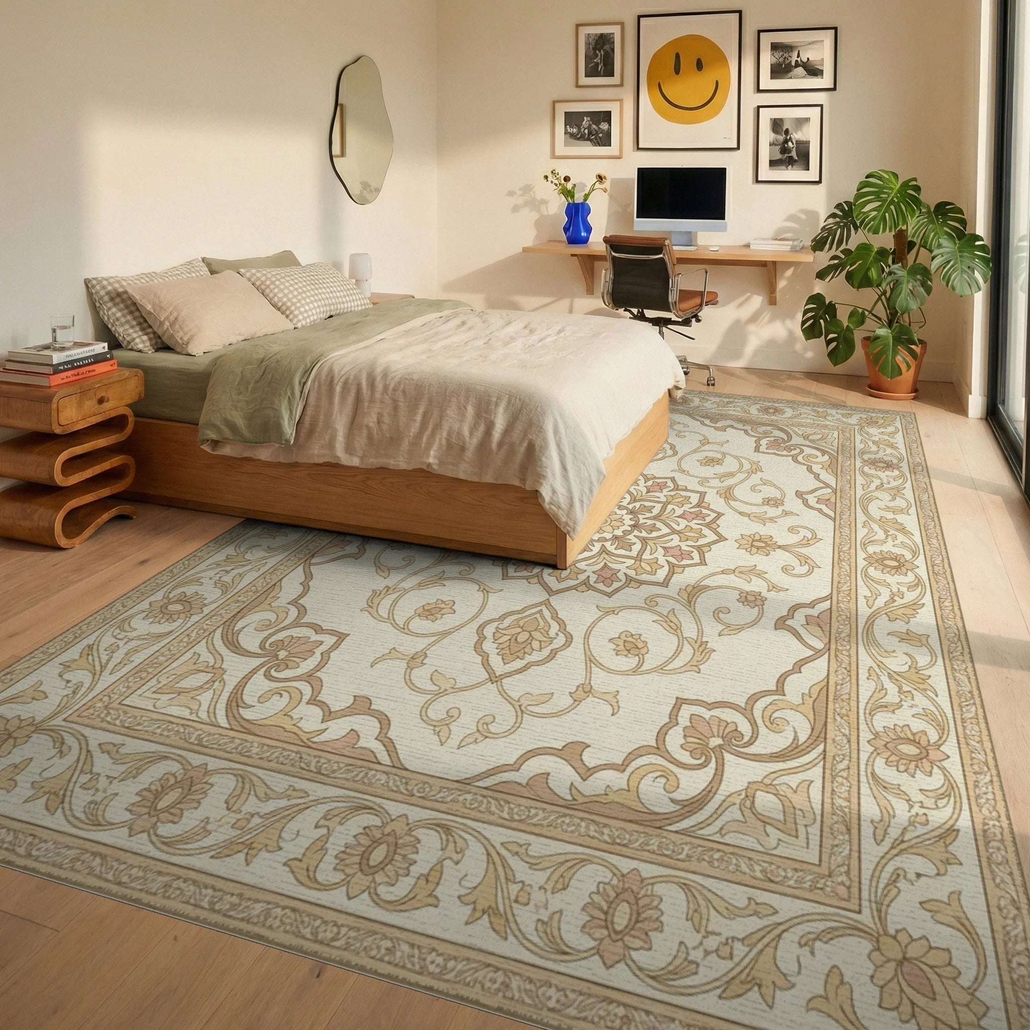 Cream Beige Floral Medallion Border Rug Bedroom View