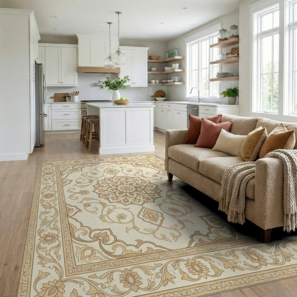 Cream Beige Floral Medallion Border Rug Living Room View
