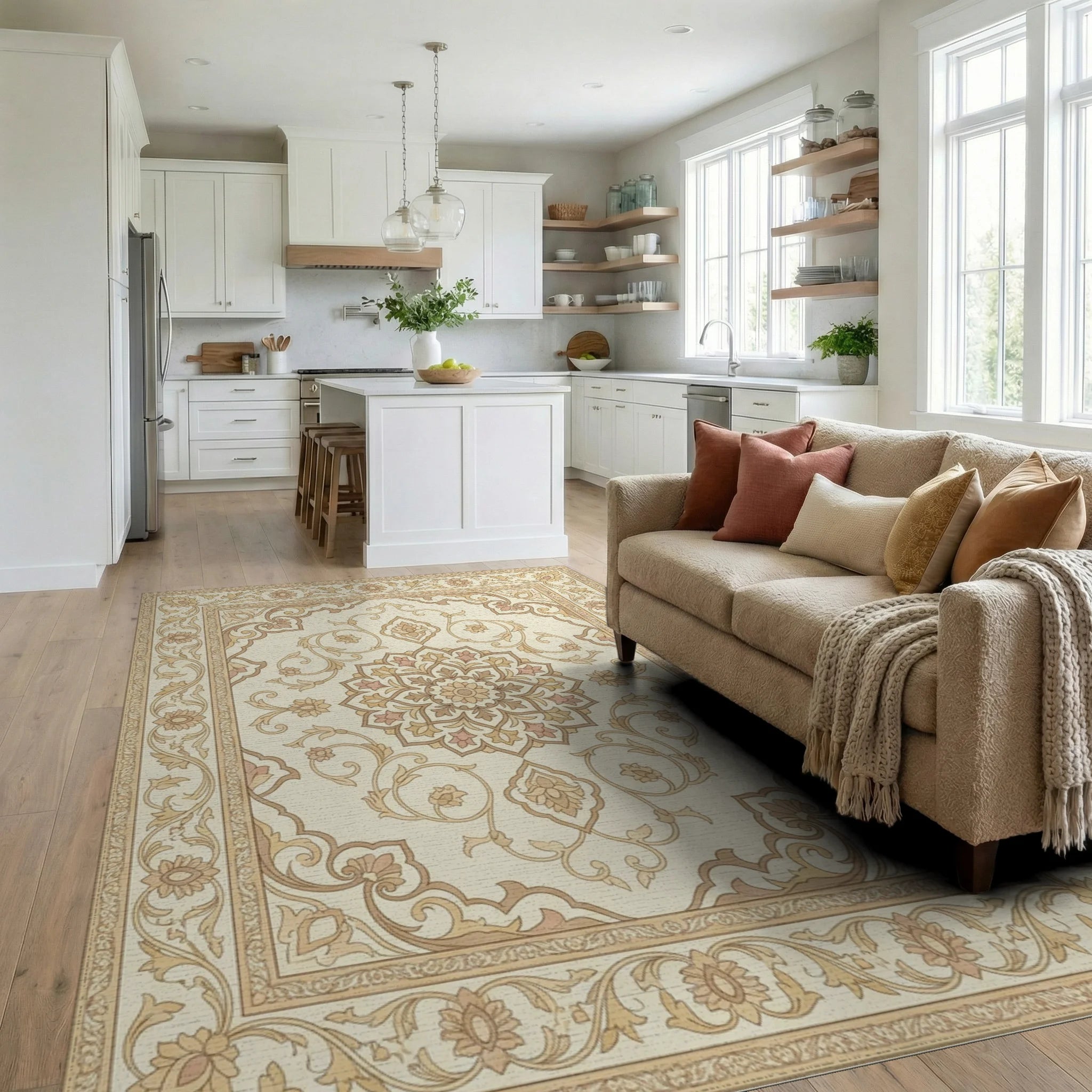 Cream Beige Floral Medallion Border Rug Living Room View