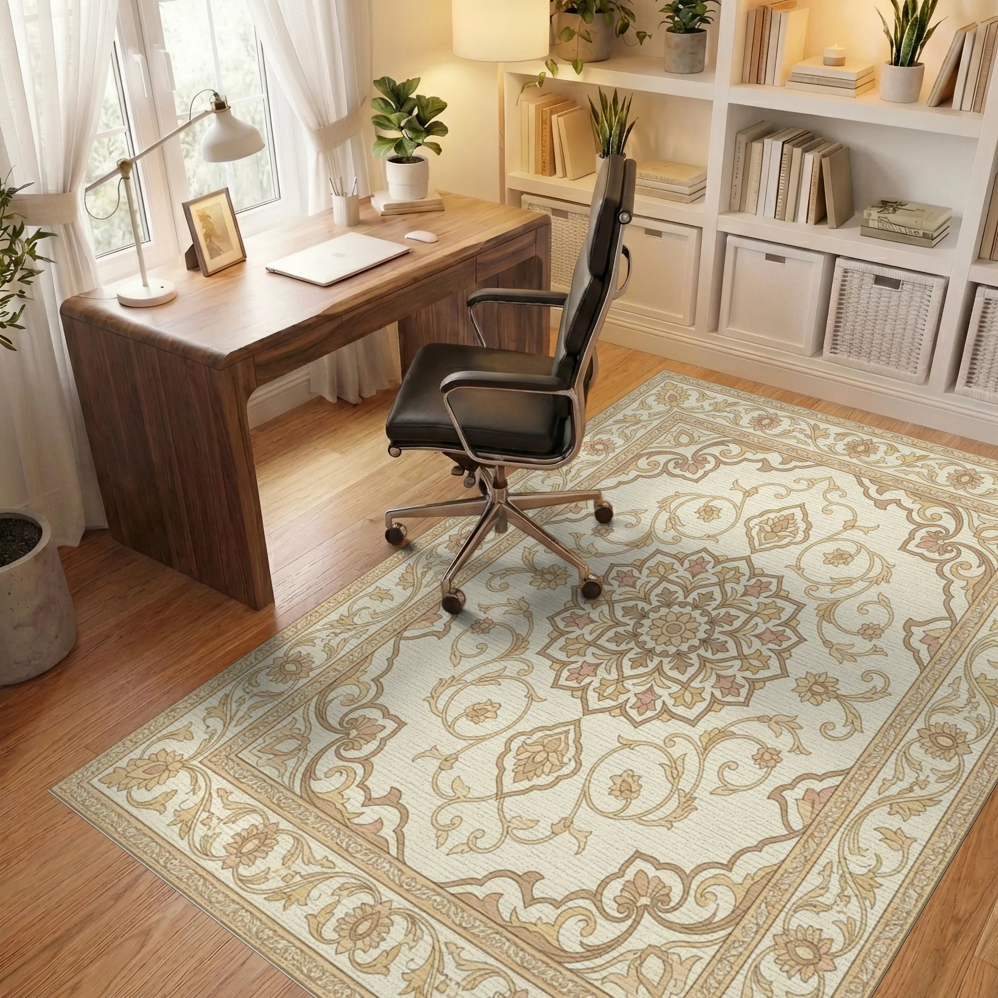 Cream Beige Floral Medallion Border Rug Office View