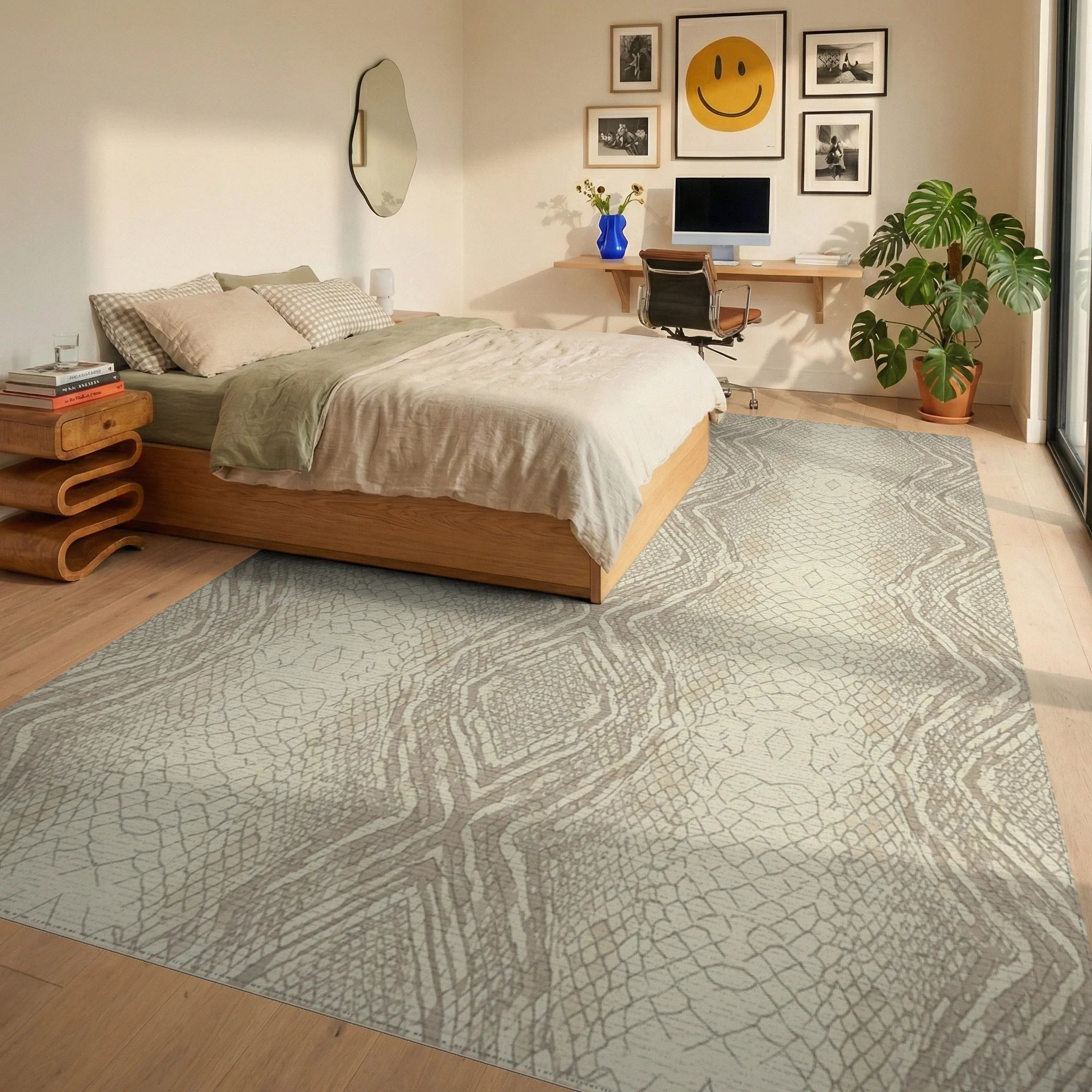 Cream Beige Snakeskin Texture Rug Bedroom View