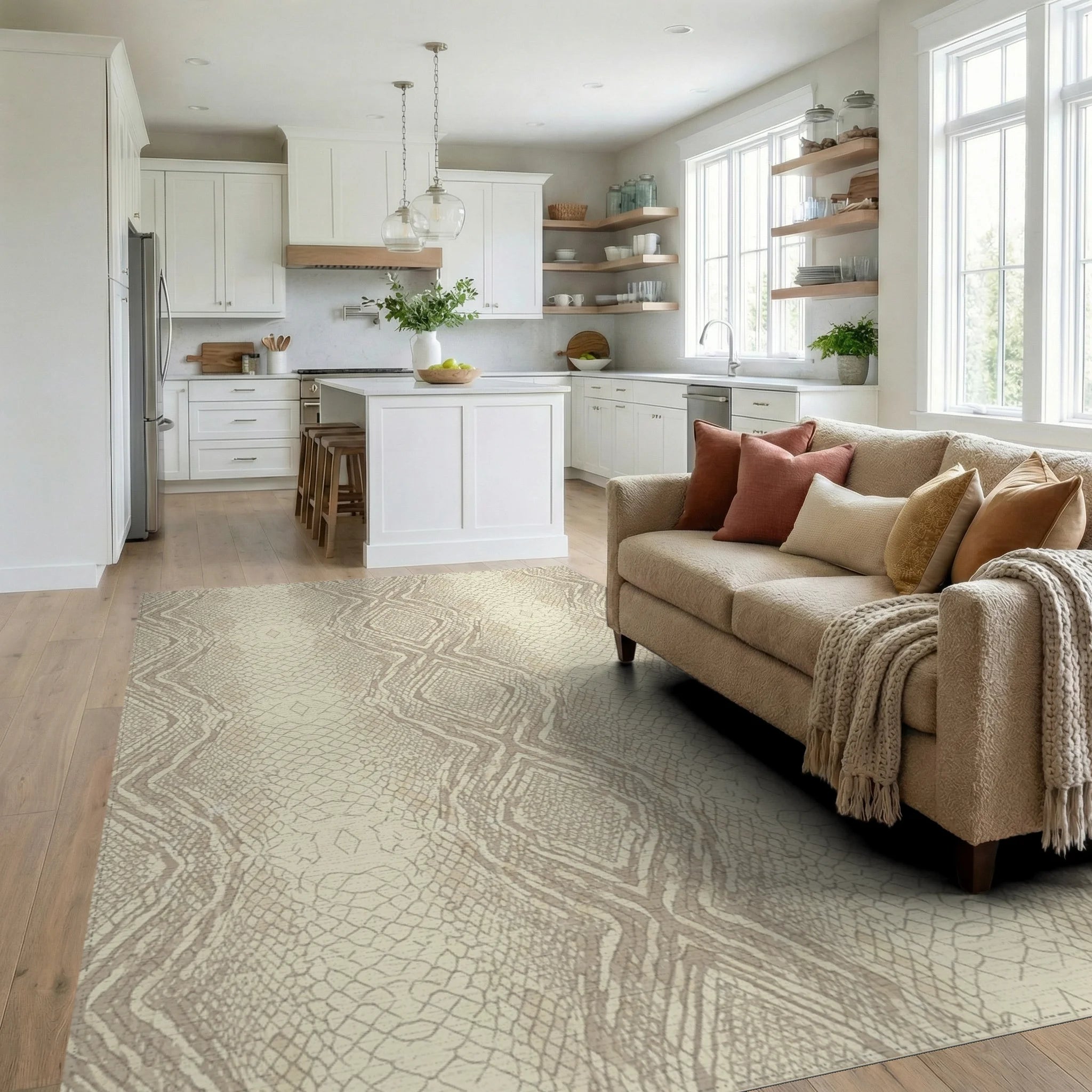 Cream Beige Snakeskin Texture Rug Living Room View