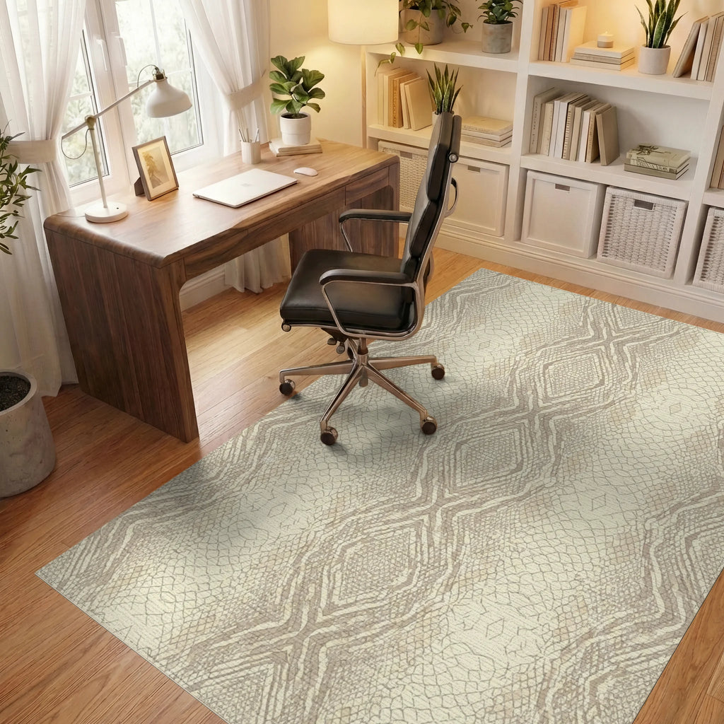 Cream Beige Snakeskin Texture Rug Office View