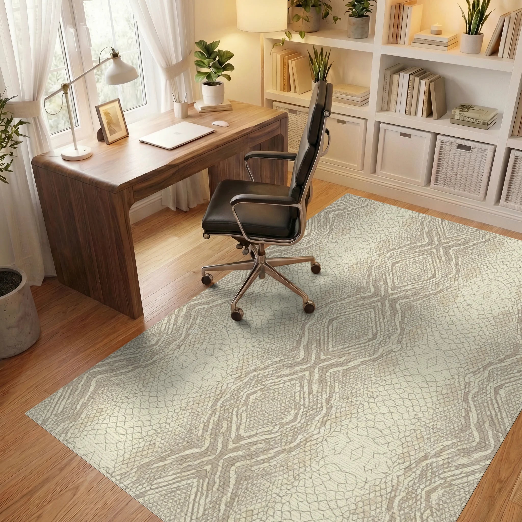 Cream Beige Snakeskin Texture Rug Office View