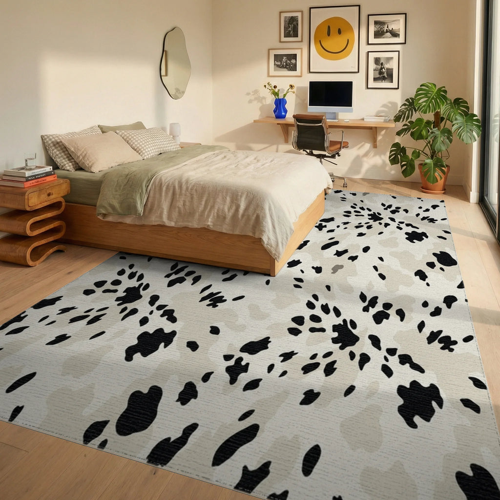 Cream Black Spotted Splash Rug Bedroom View