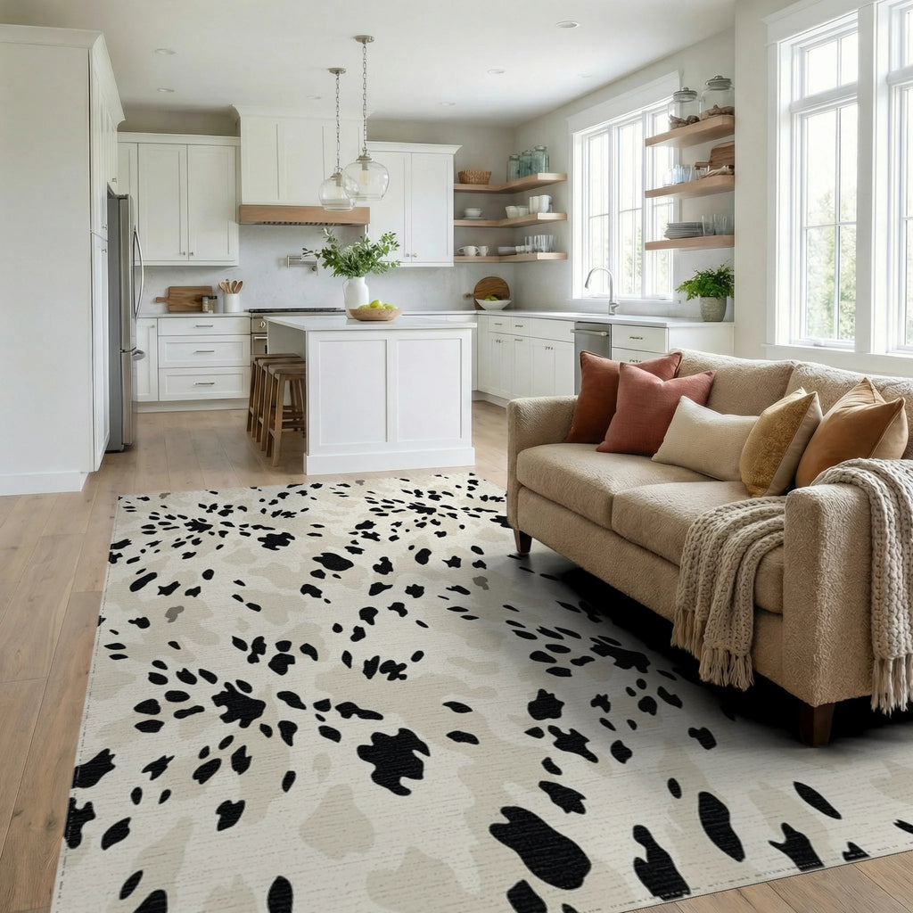 Cream Black Spotted Splash Rug Living Room View