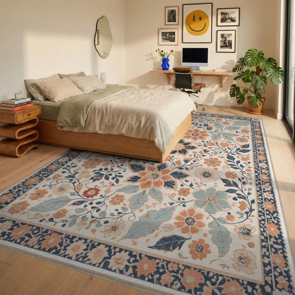 Cream Blue Coral Floral Meadow Rug - Bedroom View
