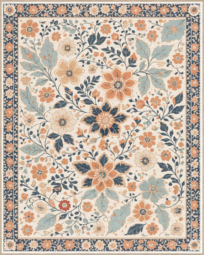 Cream Blue Coral Floral Meadow Rug - Cutout View