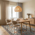 Cream Blue Coral Floral Meadow Rug - Dining Room View