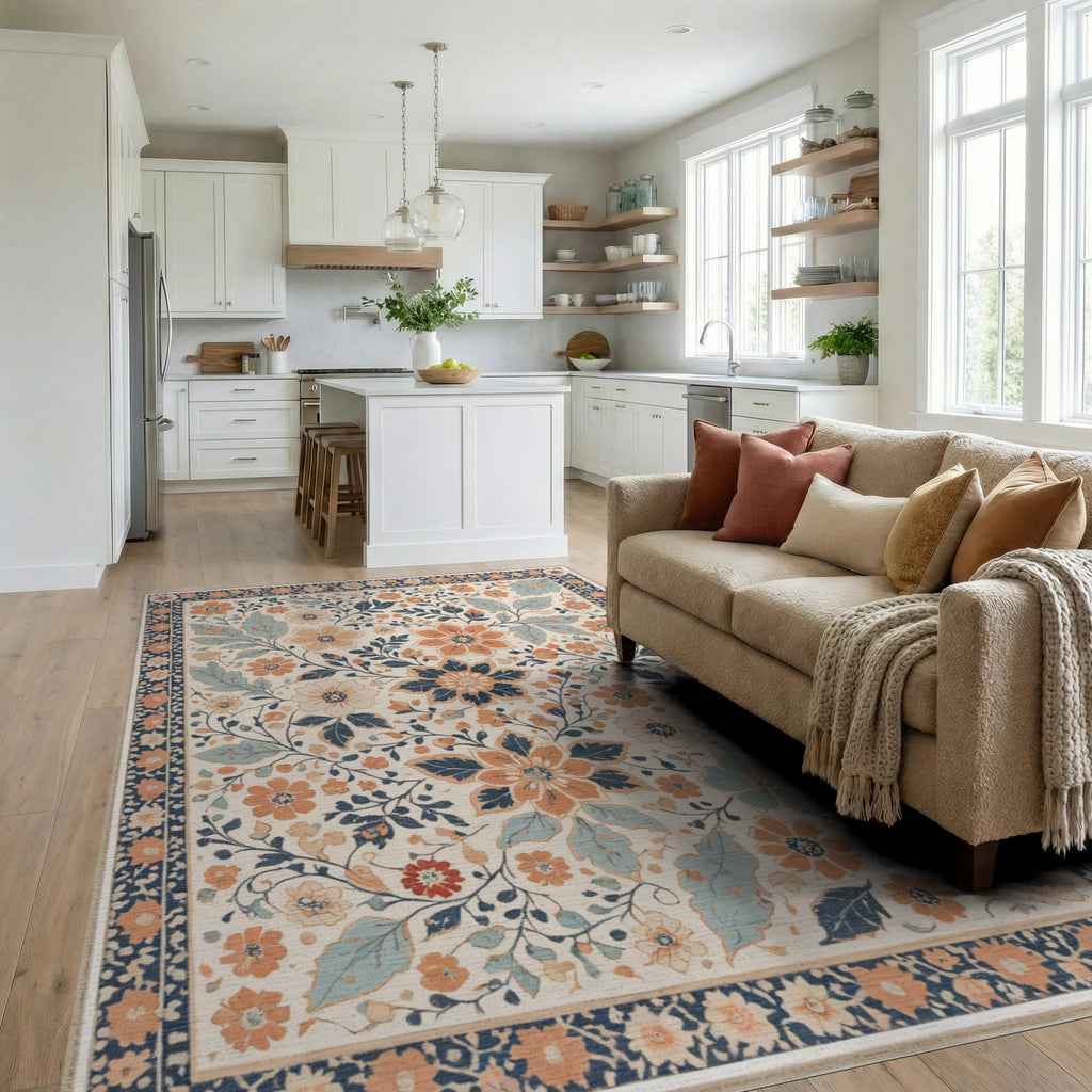 Cream Blue Coral Floral Meadow Rug - Living Room View