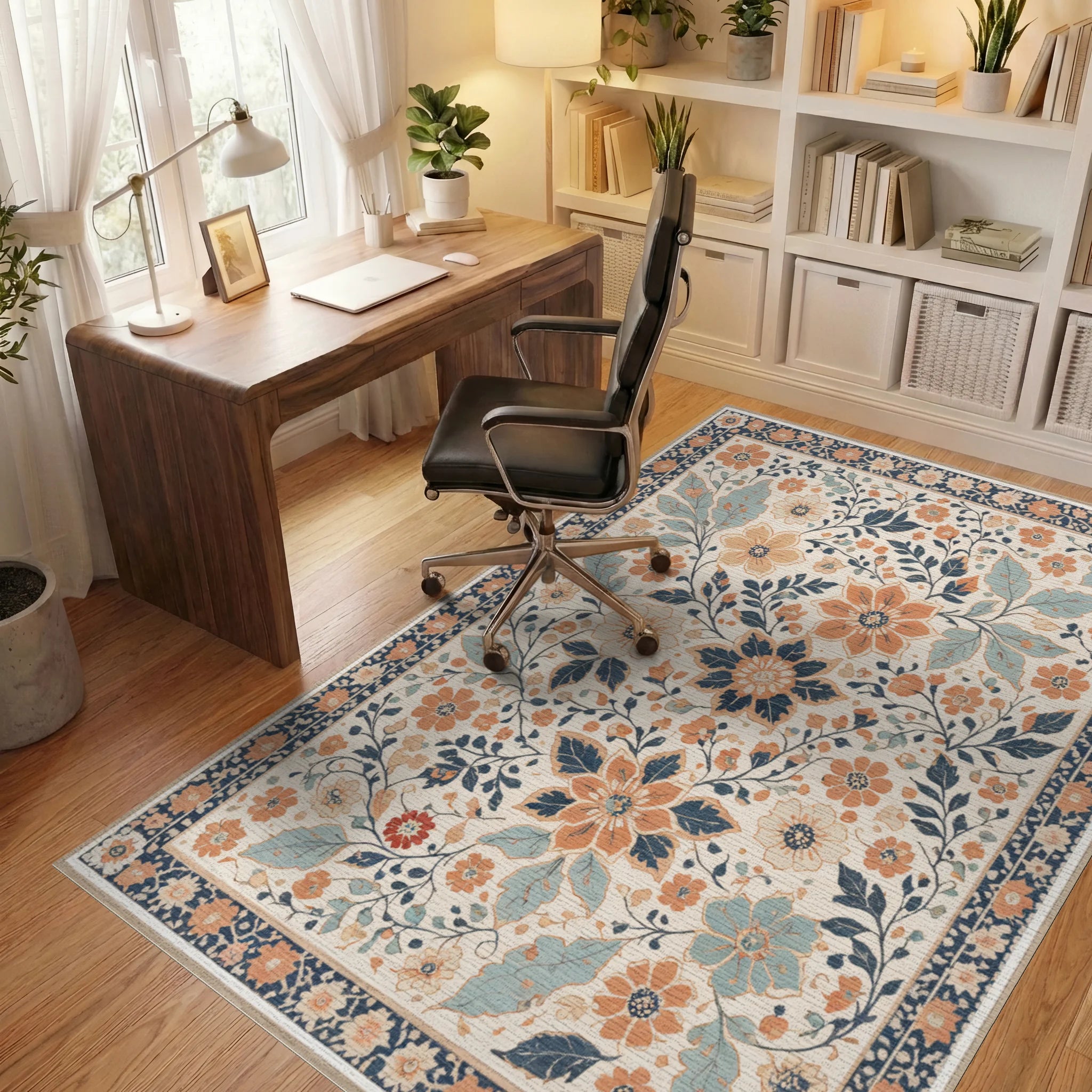 Cream Blue Coral Floral Meadow Rug - Office View