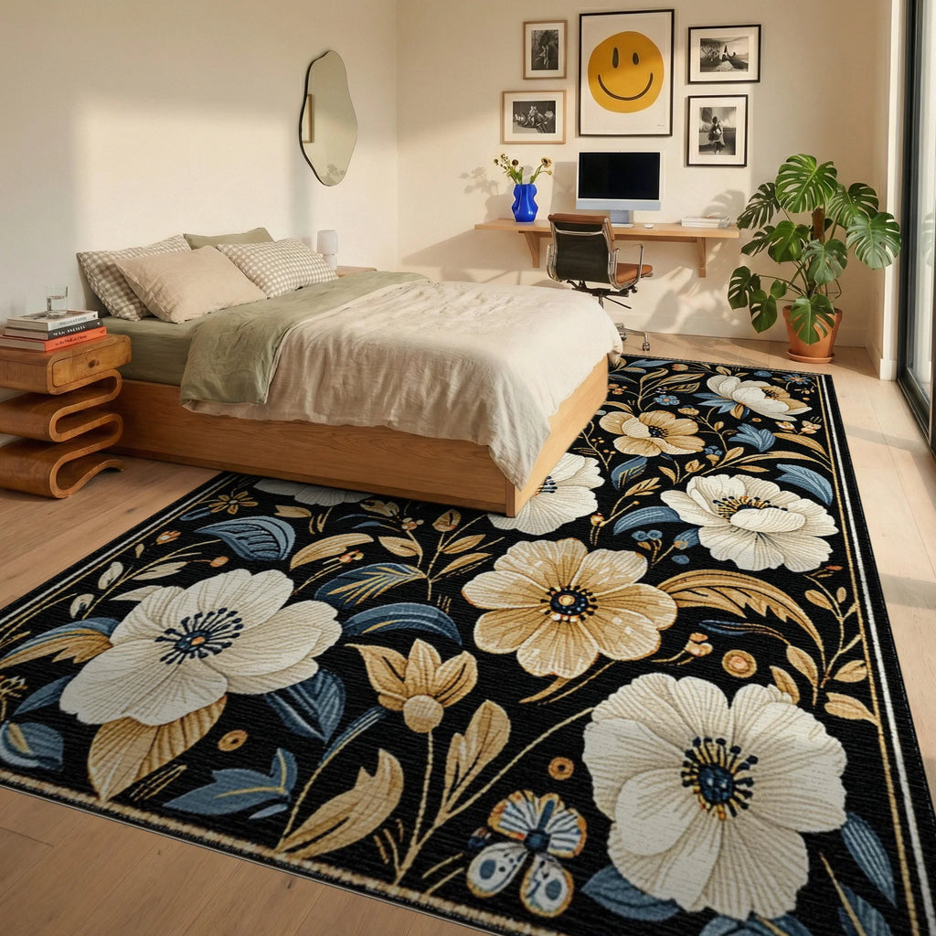 Cream Blue Gold Floral Garden Rug - Bedroom View