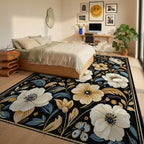 Cream Blue Gold Floral Garden Rug - Bedroom View