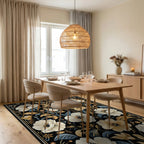 Cream Blue Gold Floral Garden Rug - Dining Room View