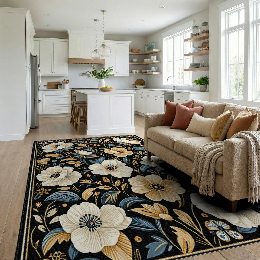 Cream Blue Gold Floral Garden Rug - Living Room View