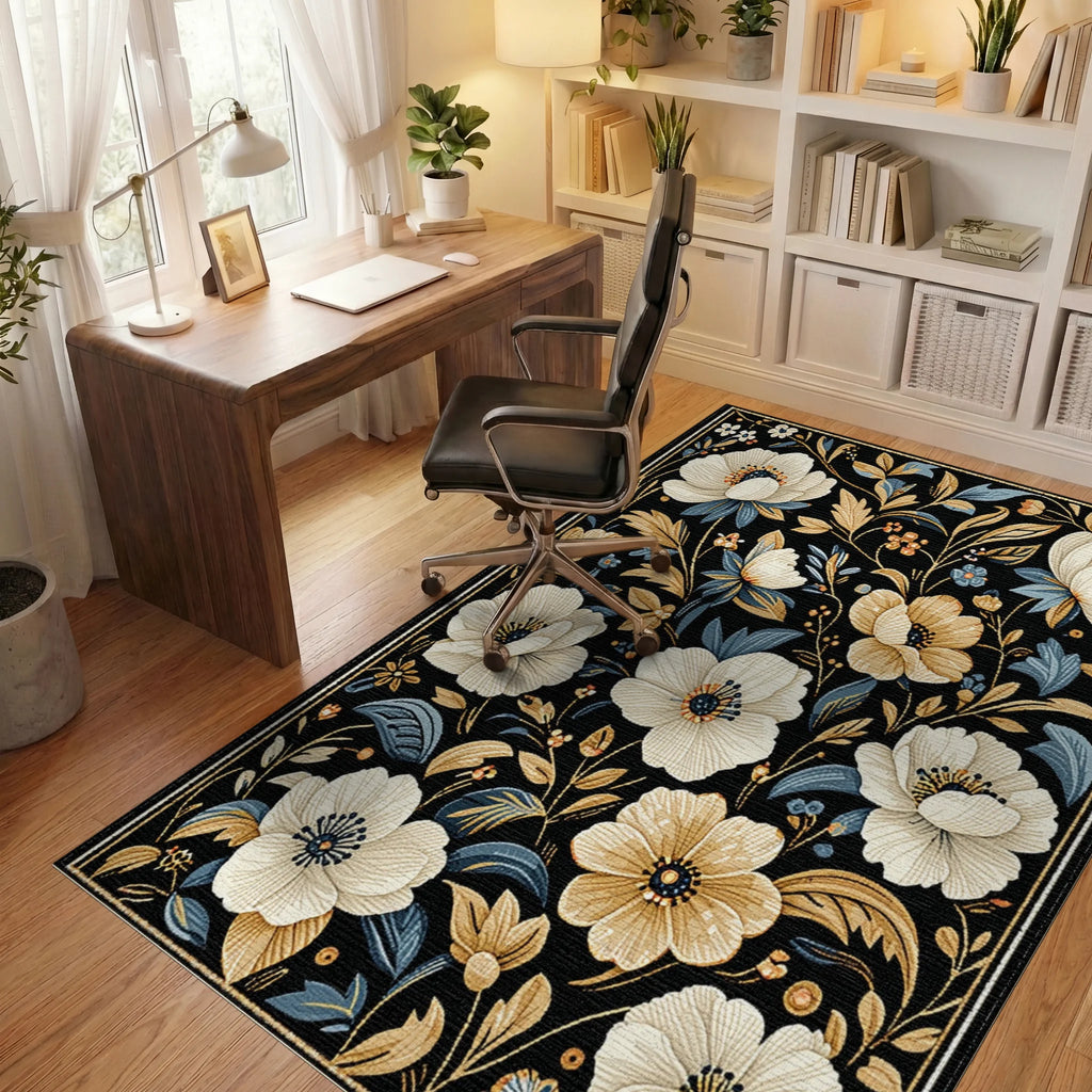Cream Blue Gold Floral Garden Rug - Office View