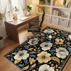 Cream Blue Gold Floral Garden Rug - Office View