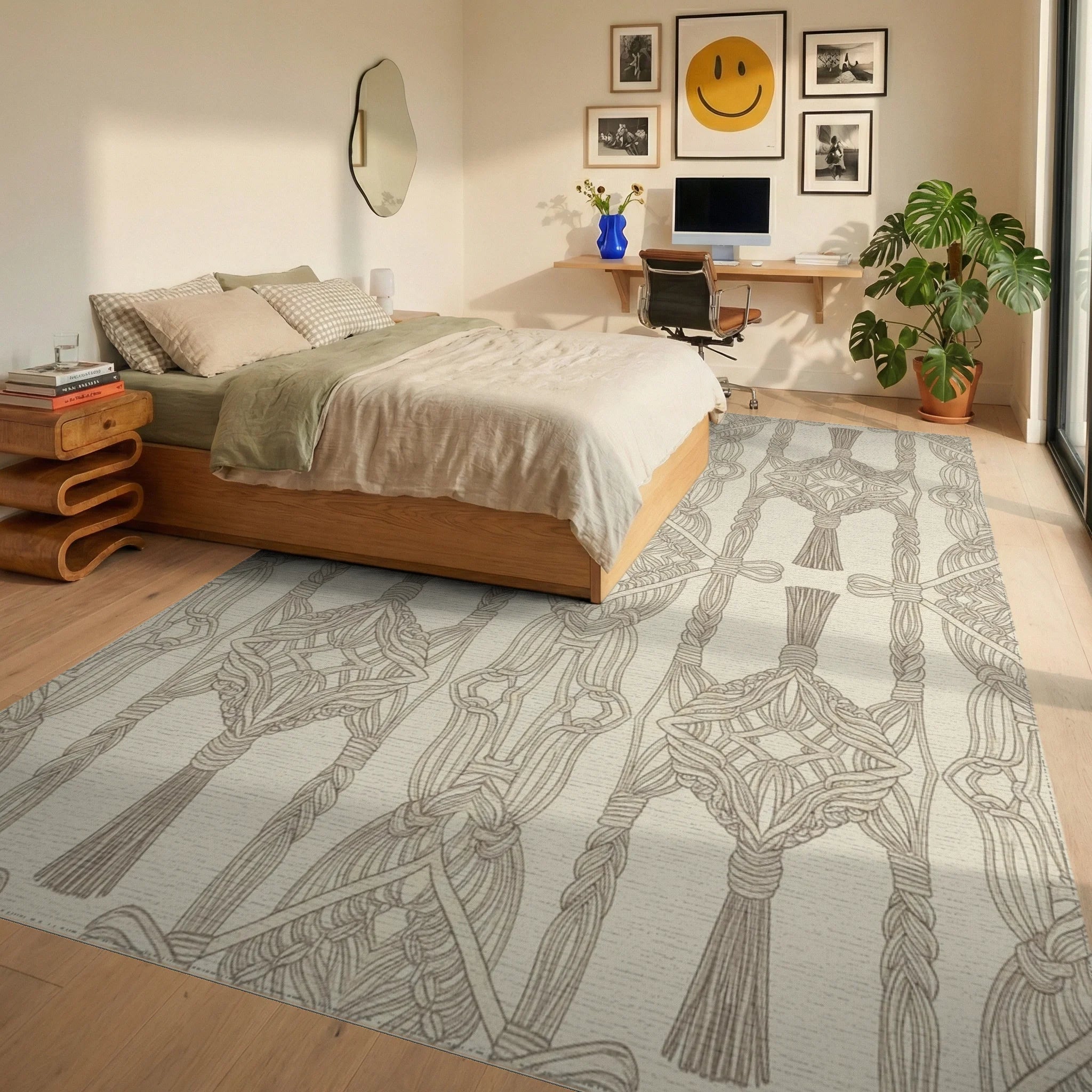 Cream Boho Macrame Diamond Medallion Rug Bedroom View