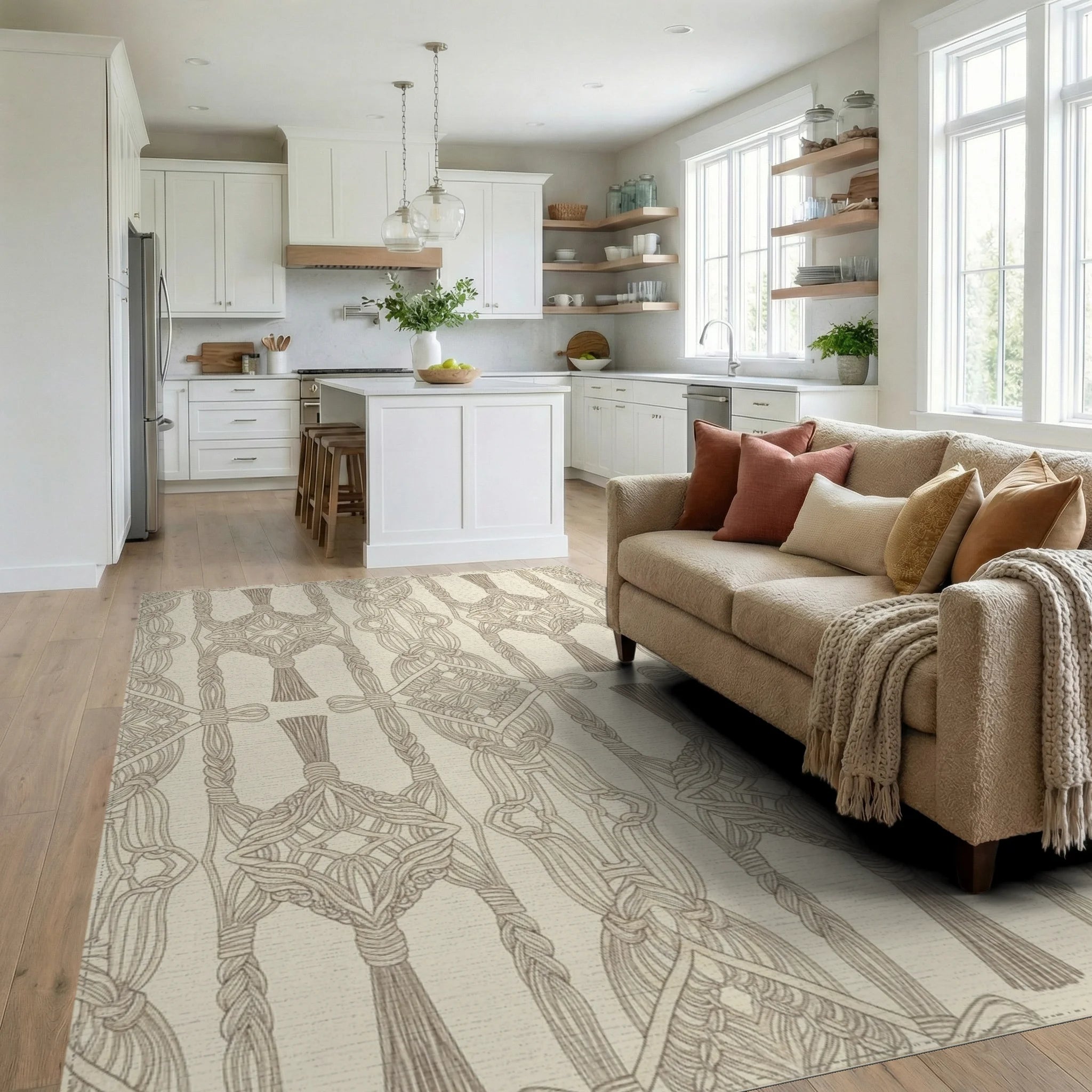 Cream Boho Macrame Diamond Medallion Rug Living Room View