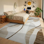 Cream Brown Abstract Swirl Rug - Bedroom View