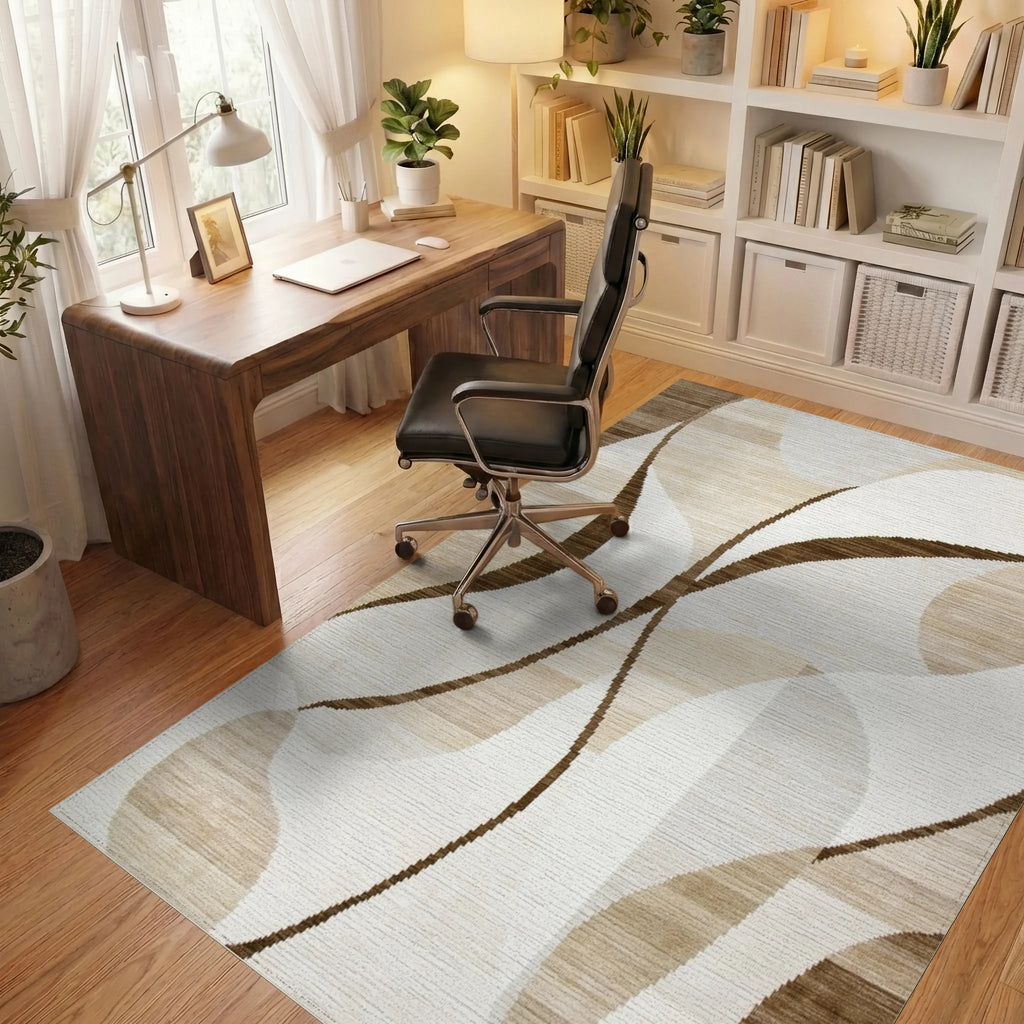 Cream Brown Abstract Swirl Rug - Office View
