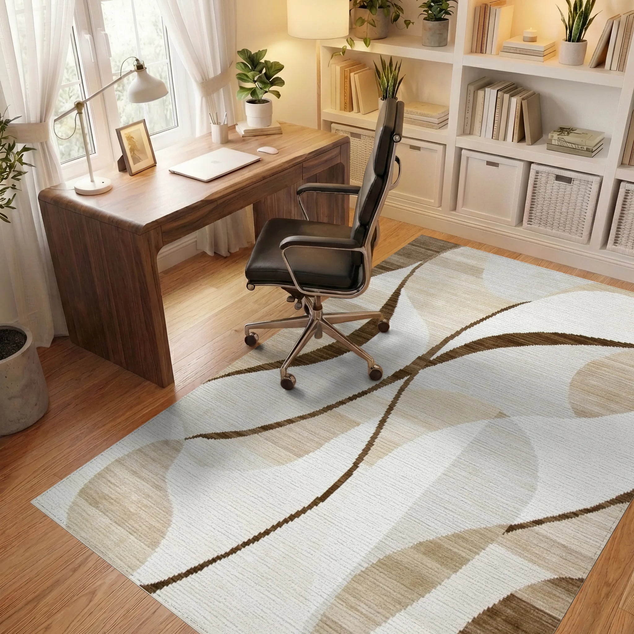 Cream Brown Abstract Swirl Rug - Office View