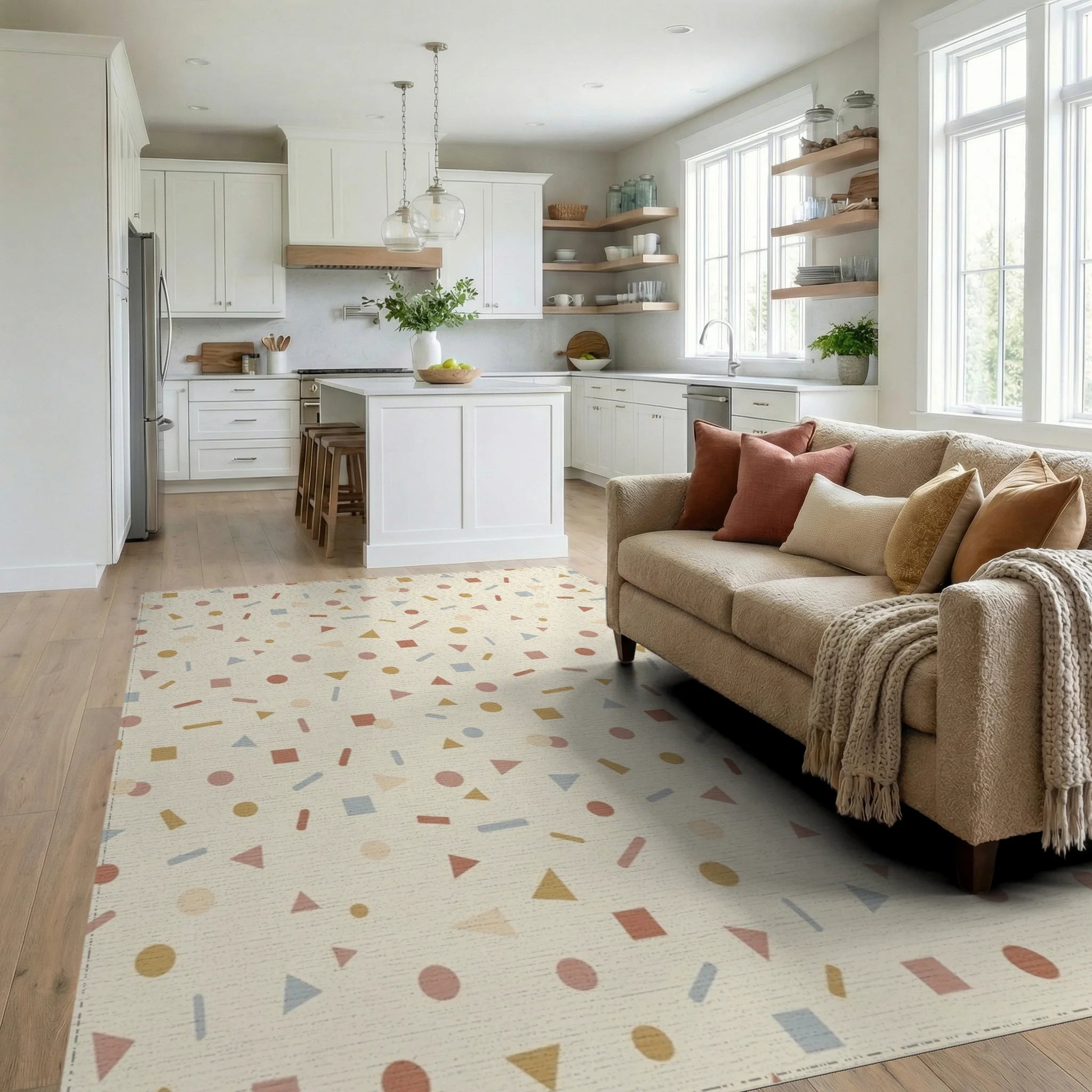 Cream Confetti Geometric Scatter Rug Living Room View