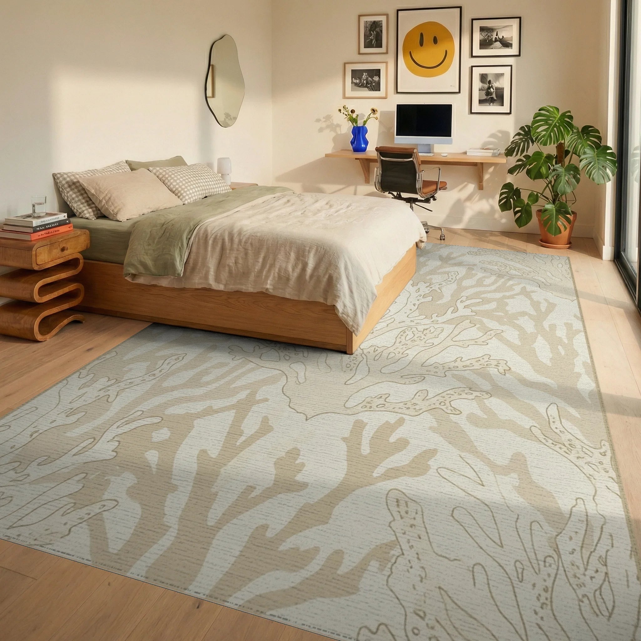 Cream Coral Reef Botanical Scene Rug Bedroom View