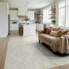 Cream Damask Acanthus Scroll Rug Living Room View