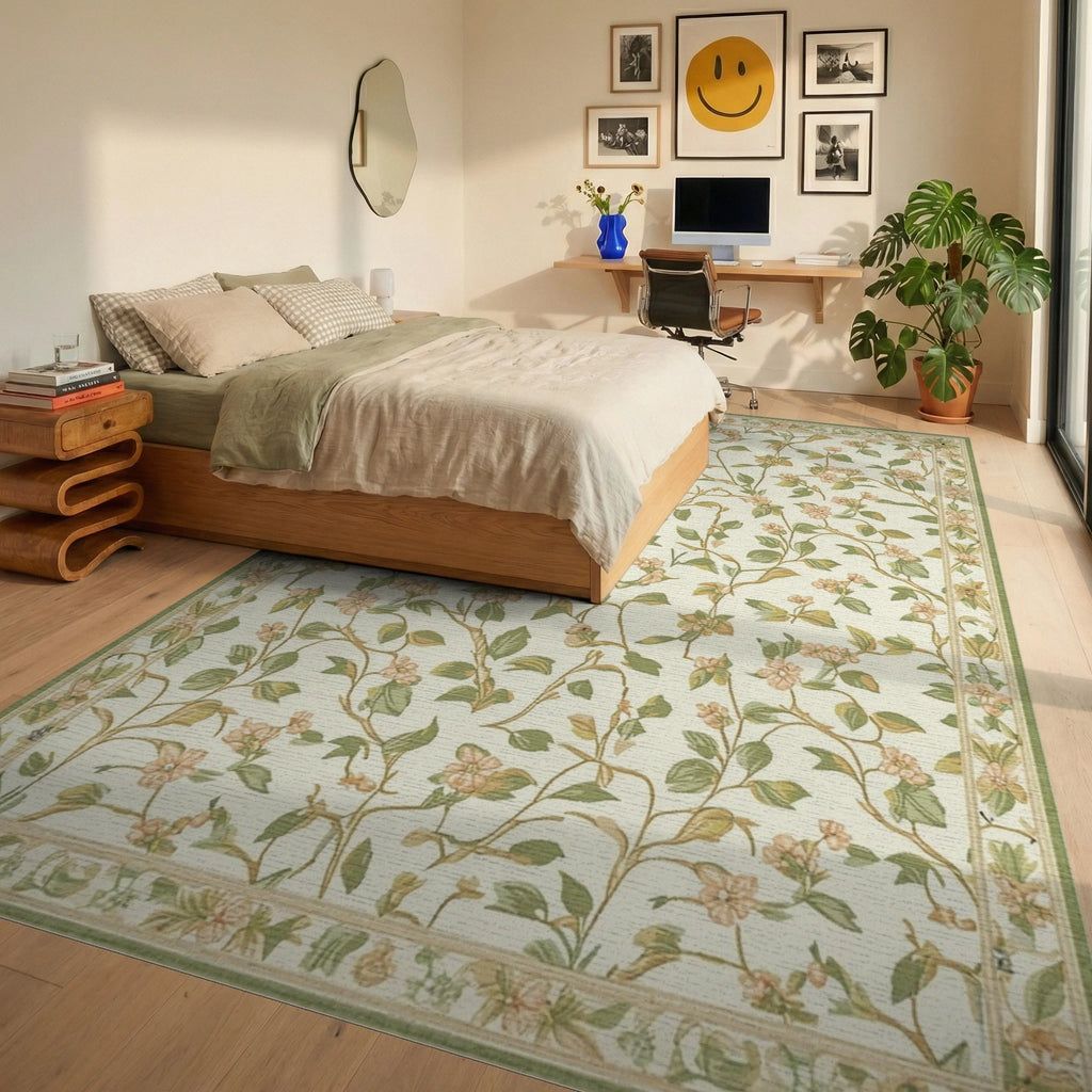 Cream Floral Garden Vine Rug - Bedroom View
