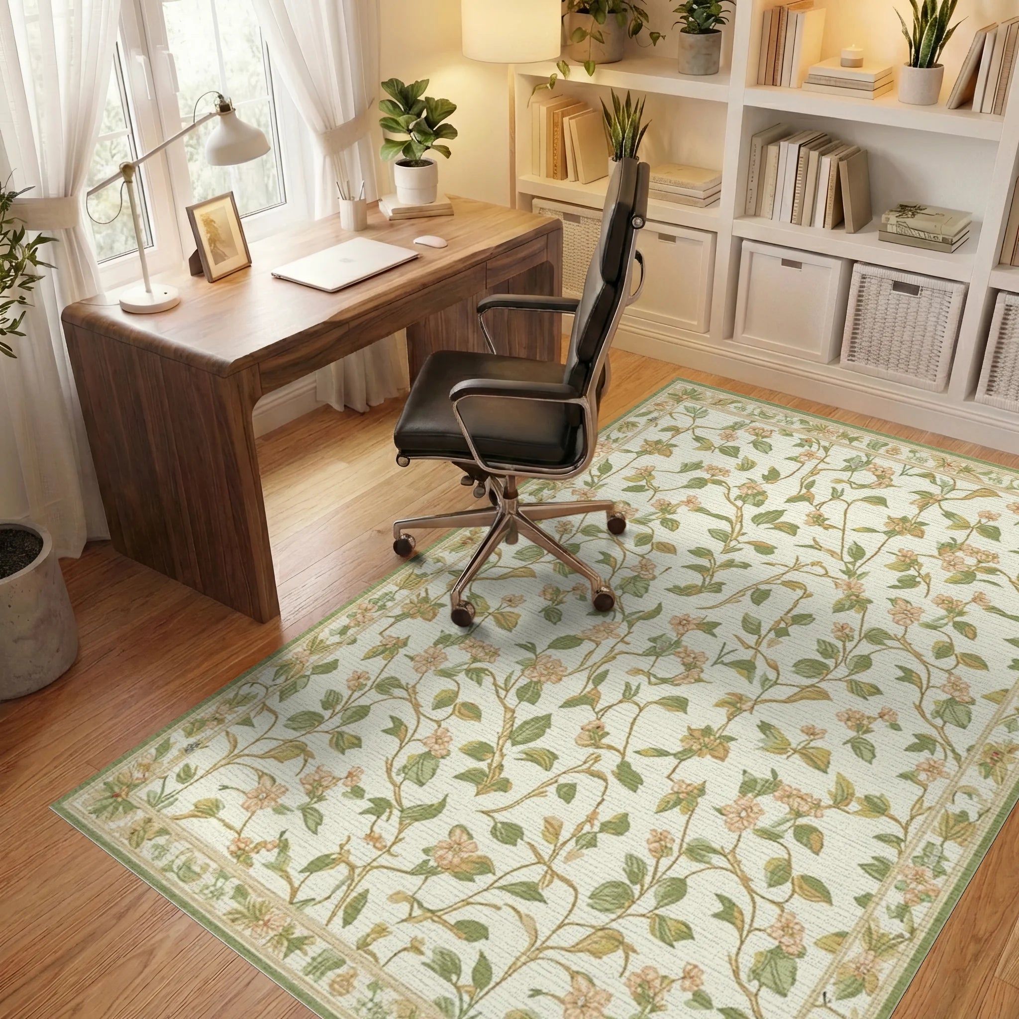 Cream Floral Garden Vine Rug - Office View