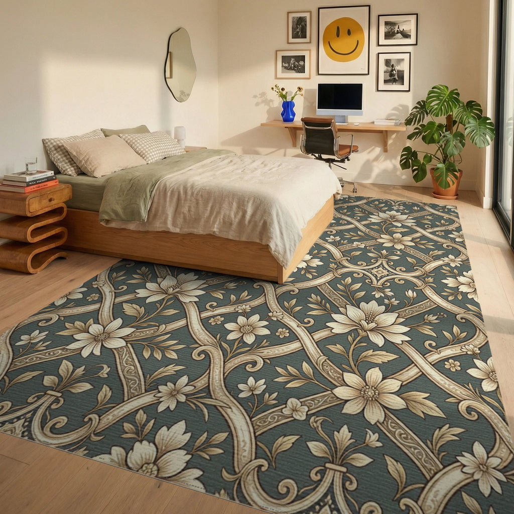 Cream Floral Lattice Damask Rug Bedroom View