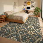 Cream Floral Lattice Damask Rug Bedroom View