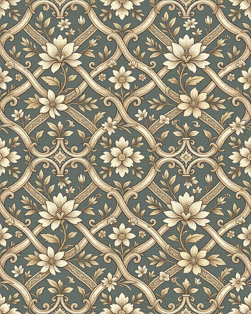Cream Floral Lattice Damask Rug - Cutout View