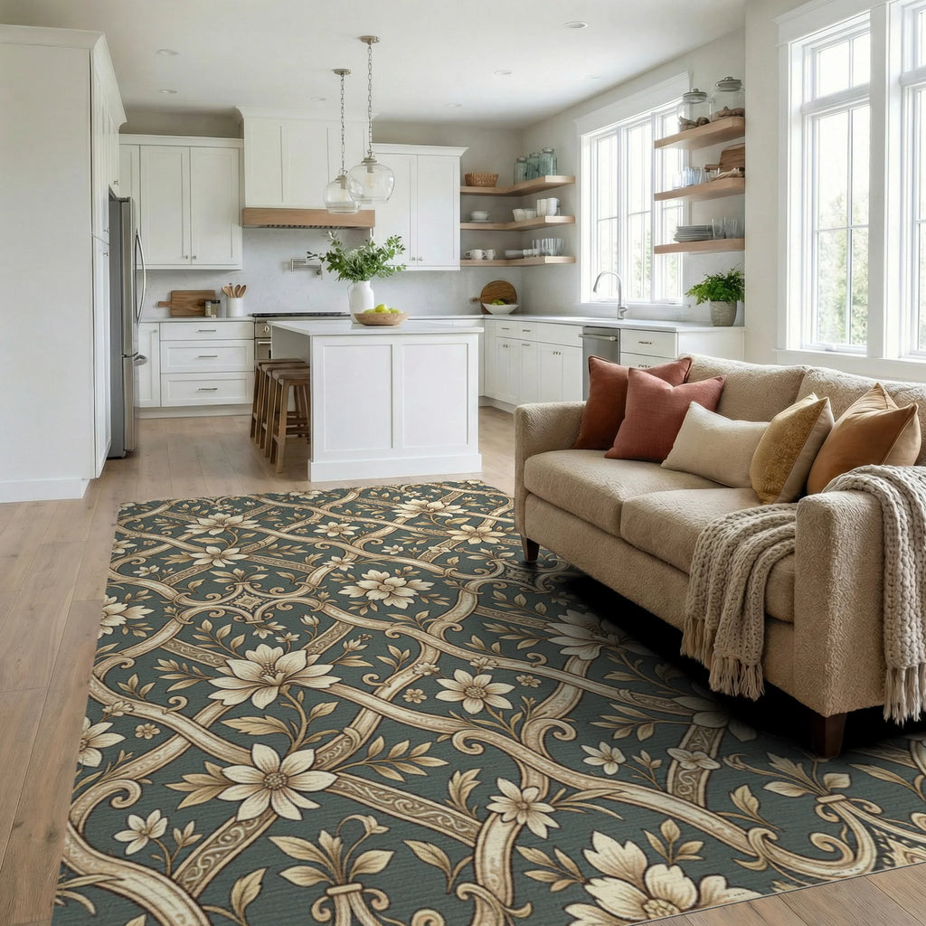 Cream Floral Lattice Damask Rug Living Room View