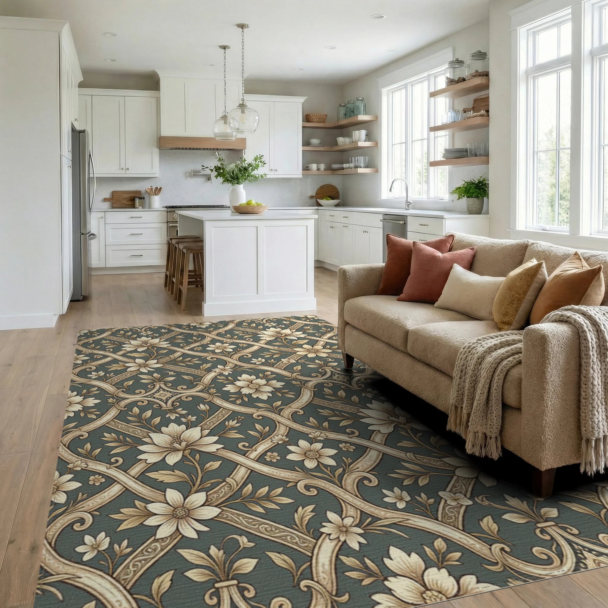 Cream Floral Lattice Damask Rug Living Room View