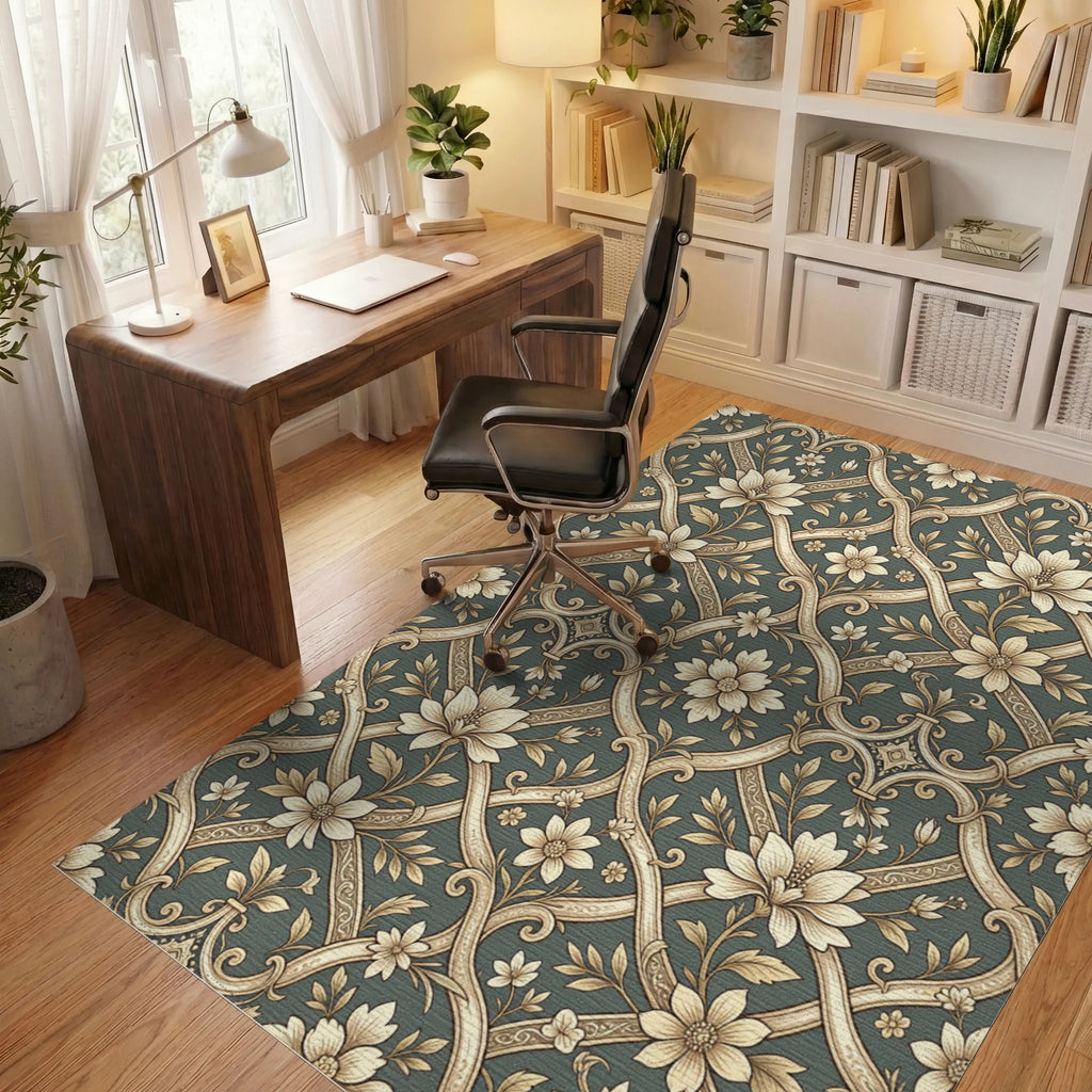 Cream Floral Lattice Damask Rug Office View
