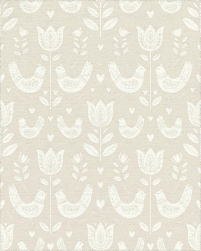 Cream Folk Art Birds Flowers Rug - Cutout View