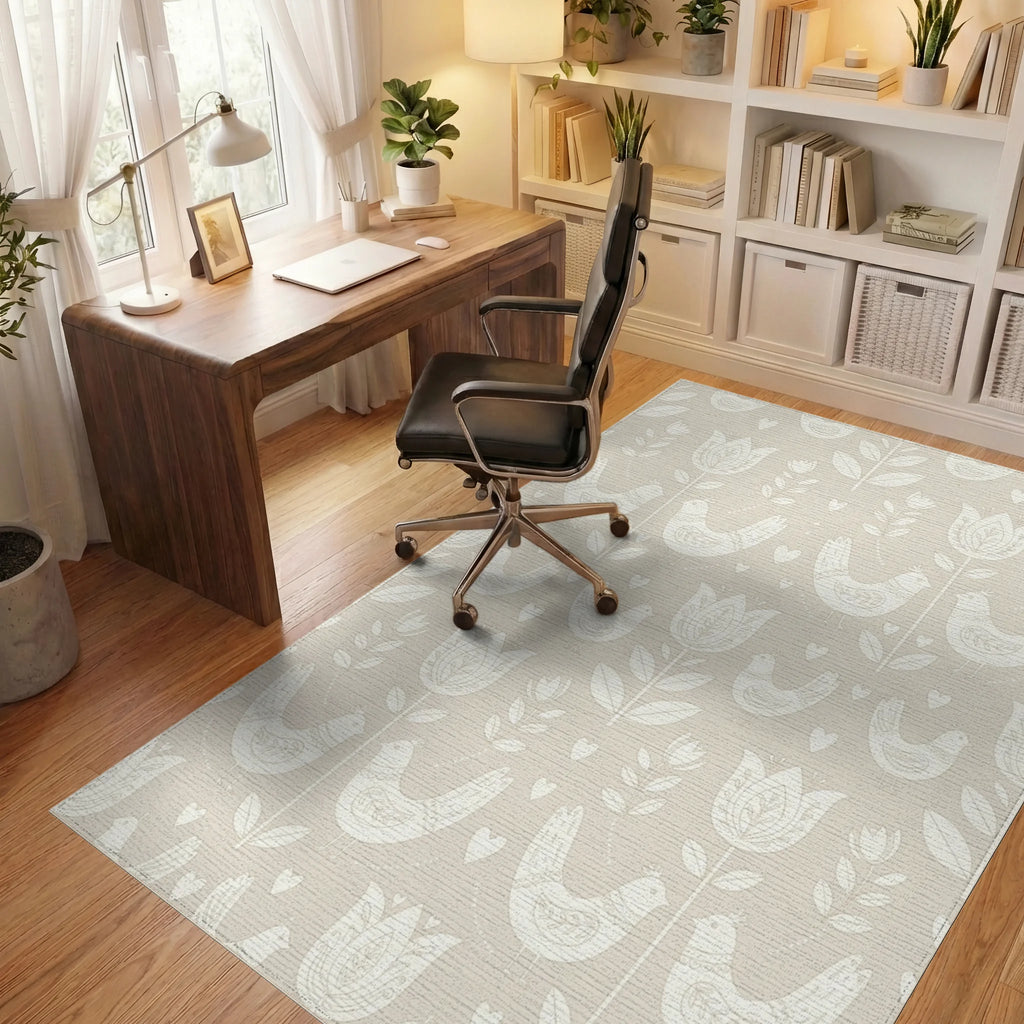 Cream Folk Art Birds Flowers Rug Office View