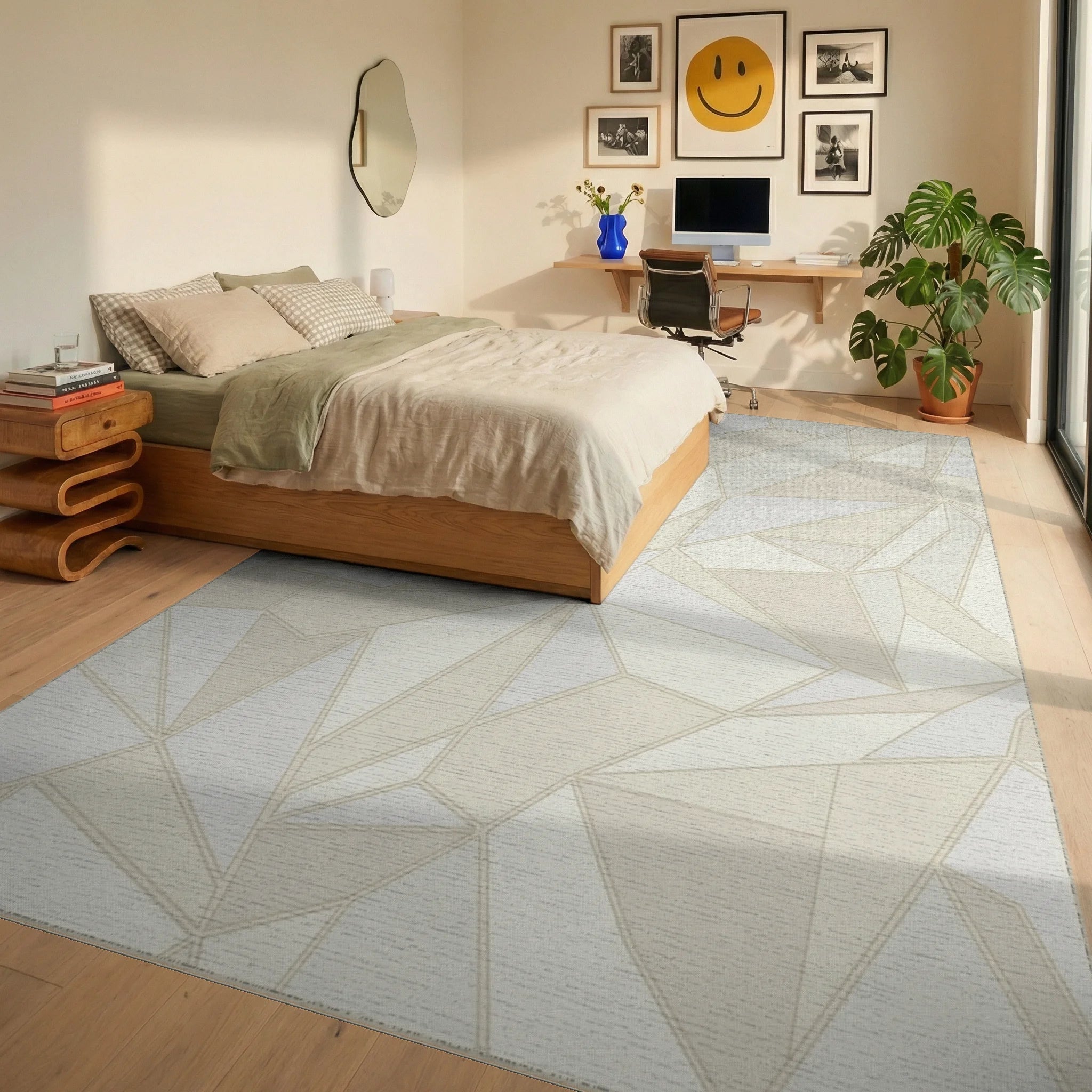 Cream Geometric Faceted Abstraction Rug Bedroom View