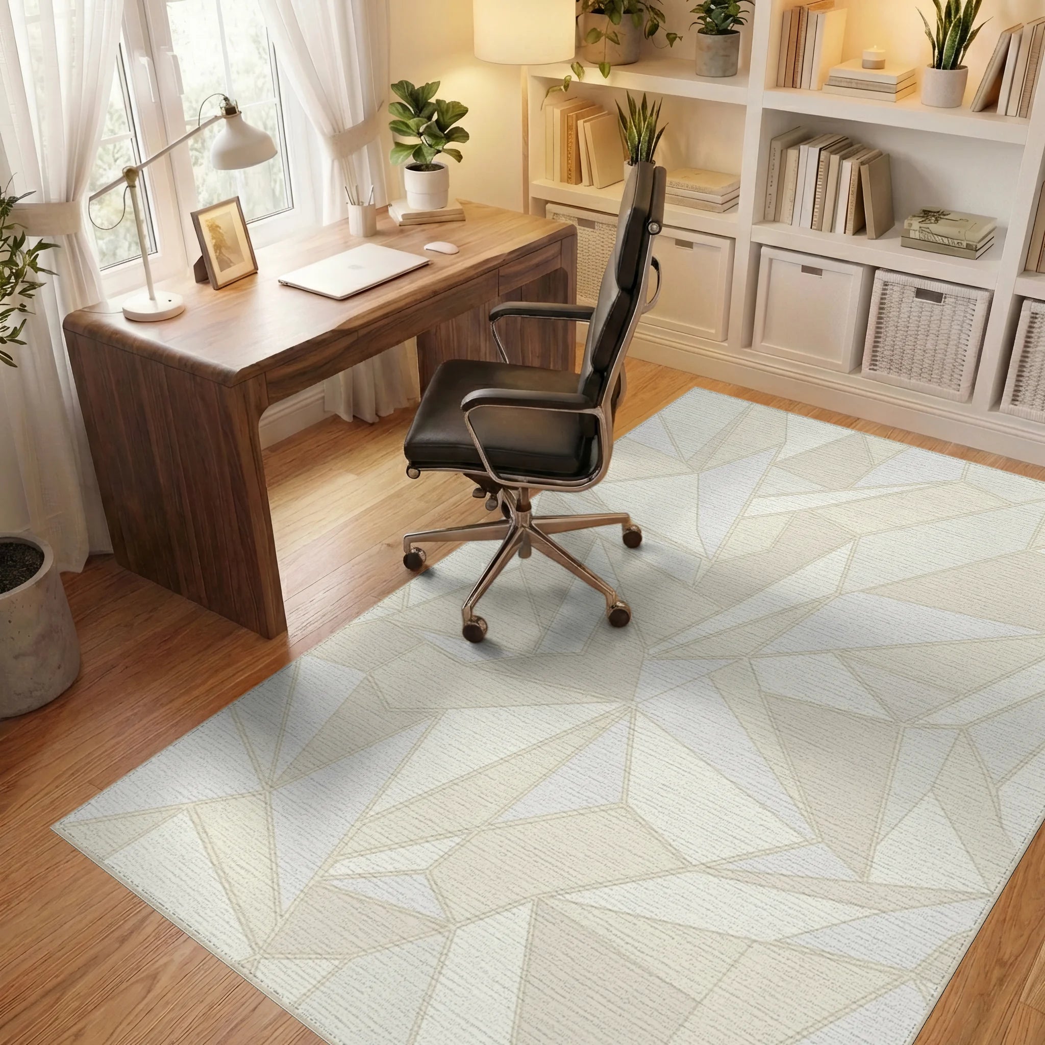 Cream Geometric Faceted Abstraction Rug Office View