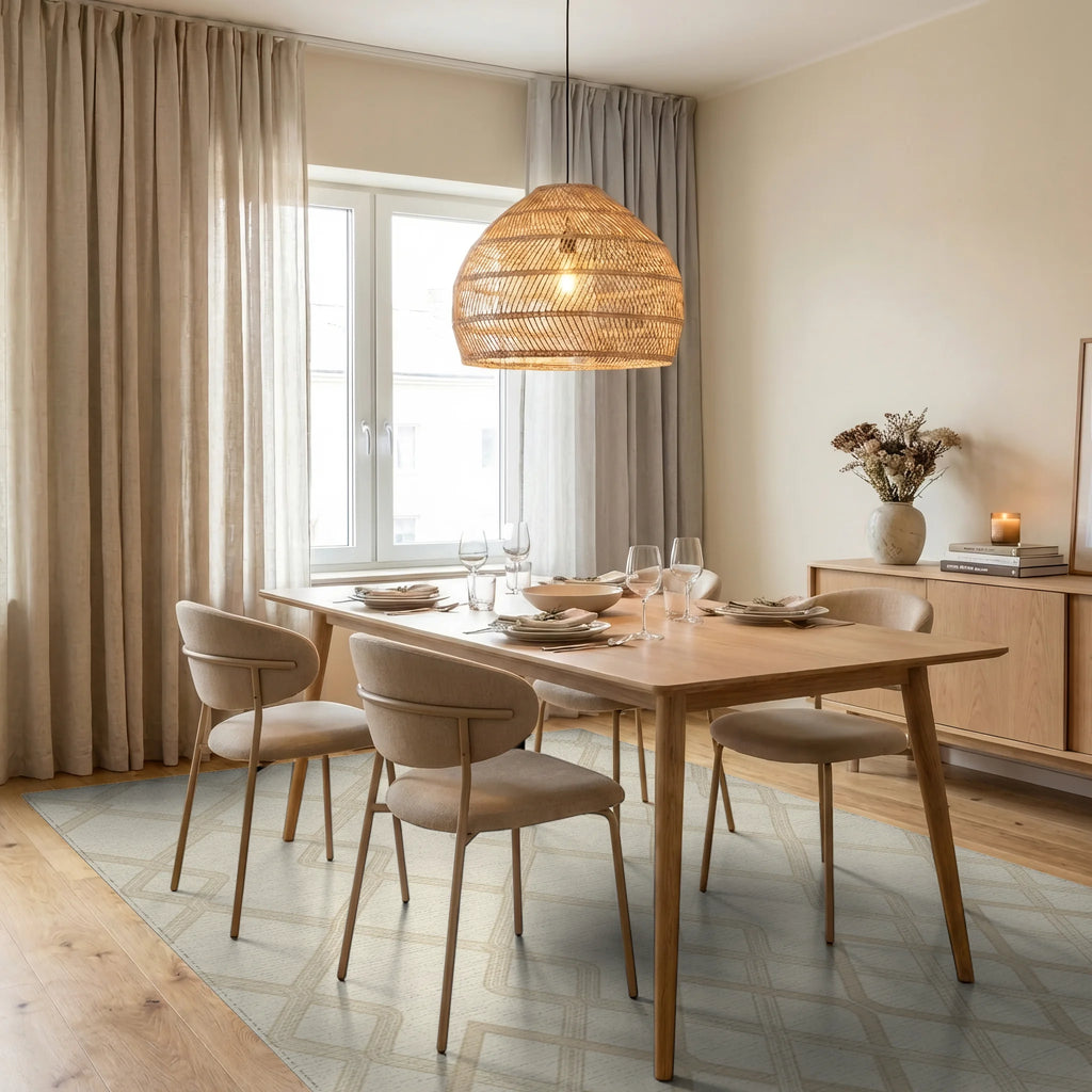 Cream Geometric Interlocking Lattice Rug Dining Room View