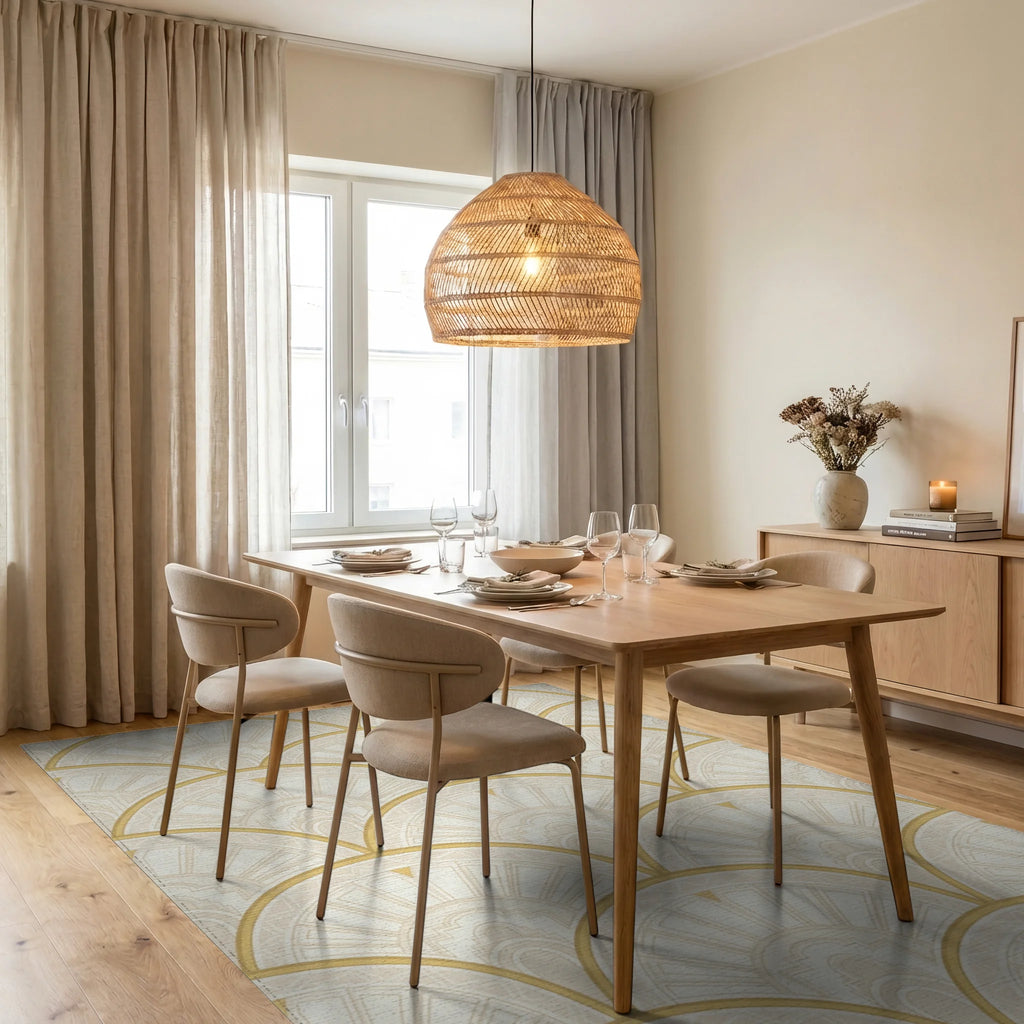 Cream Gold Fan Scale Geometric Rug Dining Room View