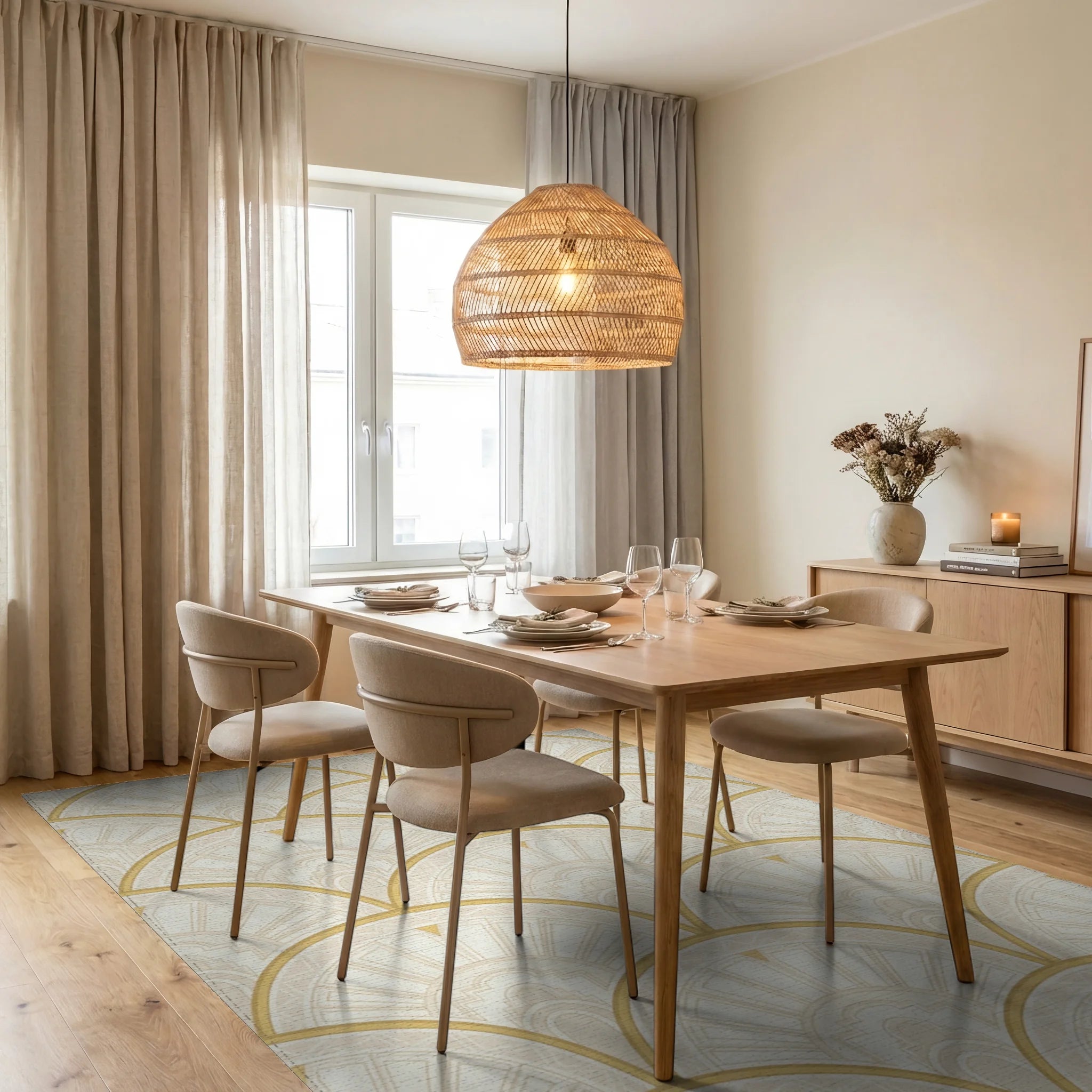 Cream Gold Fan Scale Geometric Rug Dining Room View