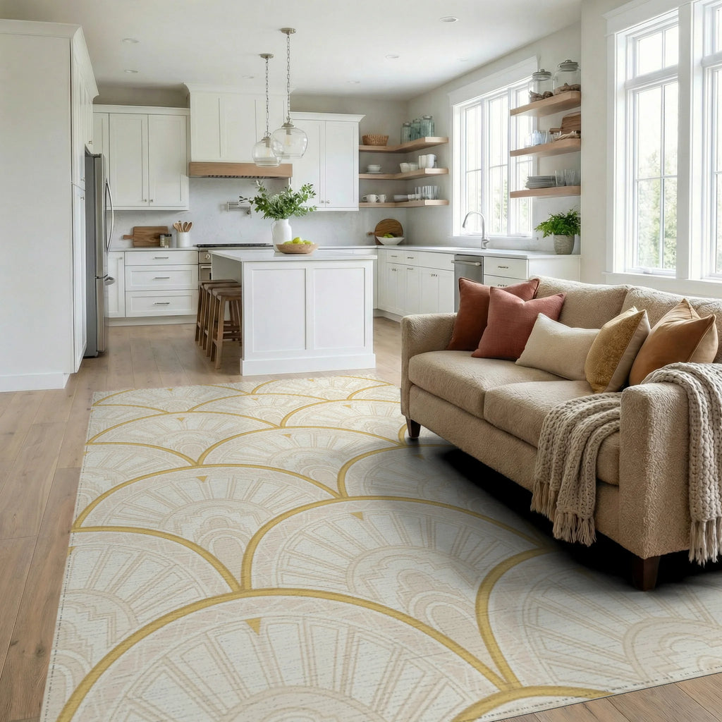 Cream Gold Fan Scale Geometric Rug Living Room View